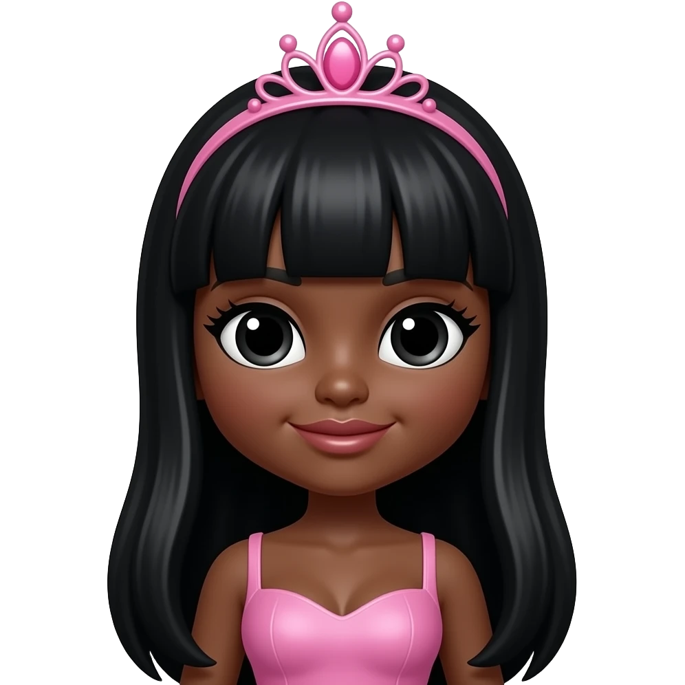 big lips, pink tiara, doll eyes, Doll, big chest, dark brown skin, with middle part long black hair, black cute eyes, with cute lip, without no bra emoji