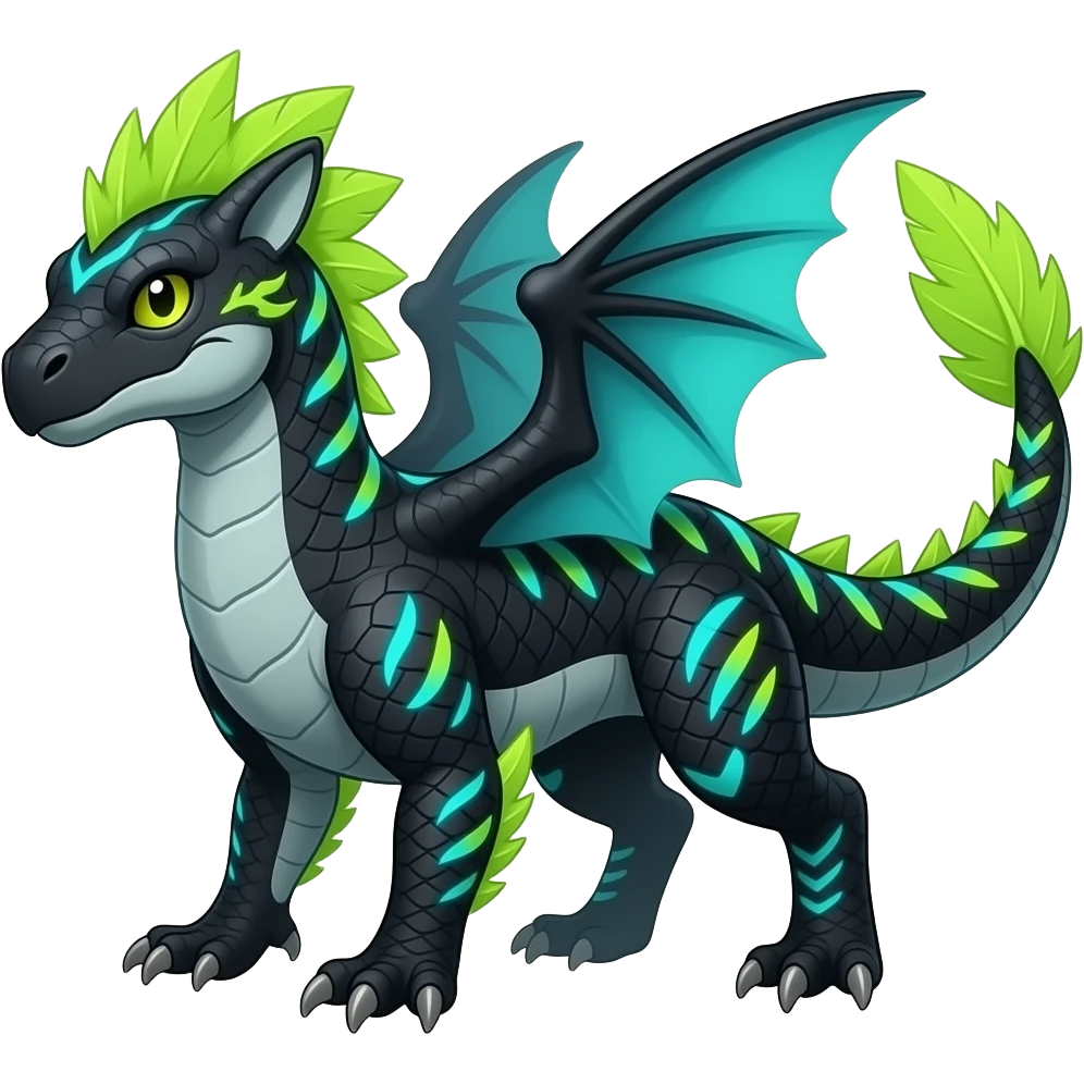 Cool edgy ancient black-scaled with neon-turquoise stripe markings digitigrade bipedal vintage futuristic raptorik fantasy-Cyberpunk-Steampunk-Solarpunk-Genesect-Salamence-Cyclizar-Salazzle-Feraligatr-Fakémon-animal-hybrid, with neon feather-mane, and a tail blade, back spikes, full body emoji