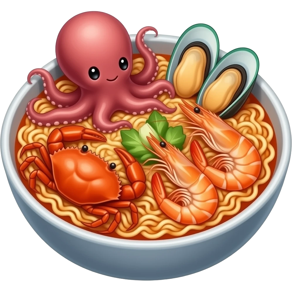 Octopus with mussels and shrimp and crab Korean kimchi flavored instant noodle emoji