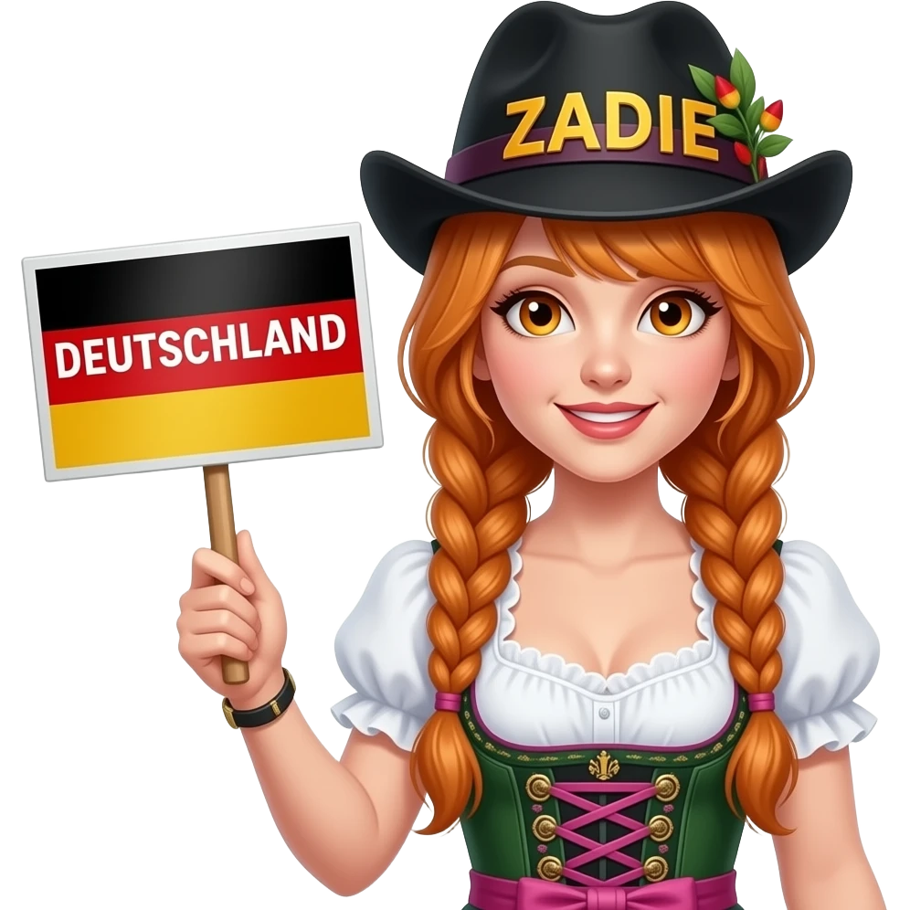 sexy girl with overlong ginger braids and ginger eyes wearing a german dirndl and a black bavarian hat with ZADIE written on it, is holding a sign with DEUTSCHLAND written on it emoji