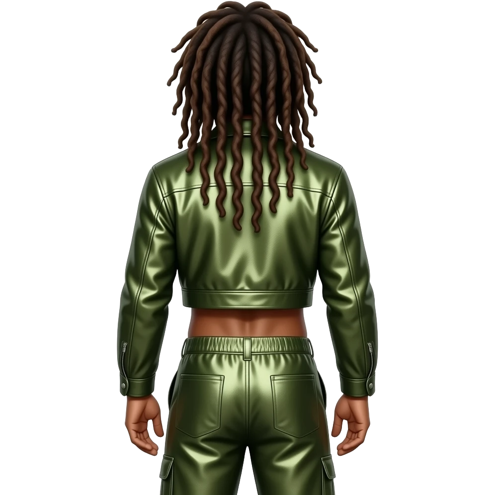 Bob Marley from behind with long locs, olive metallic jacket crop top, olive metallic baggy pants, shirtless emoji