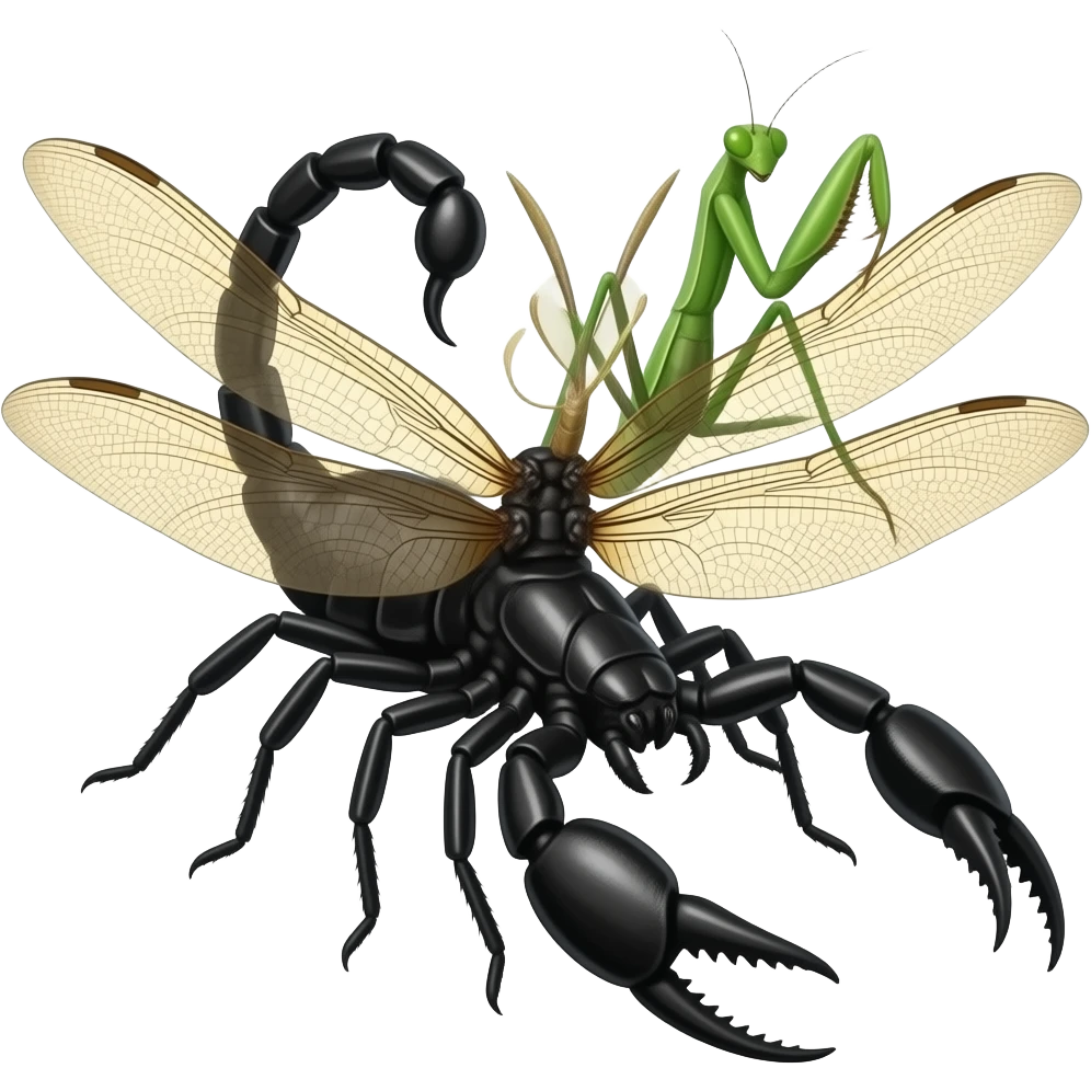a black widow spider body with dragonfly wings, a scorpion tail and pinchers, and a praying mantis head, insectoid fusion, realistic, emoji