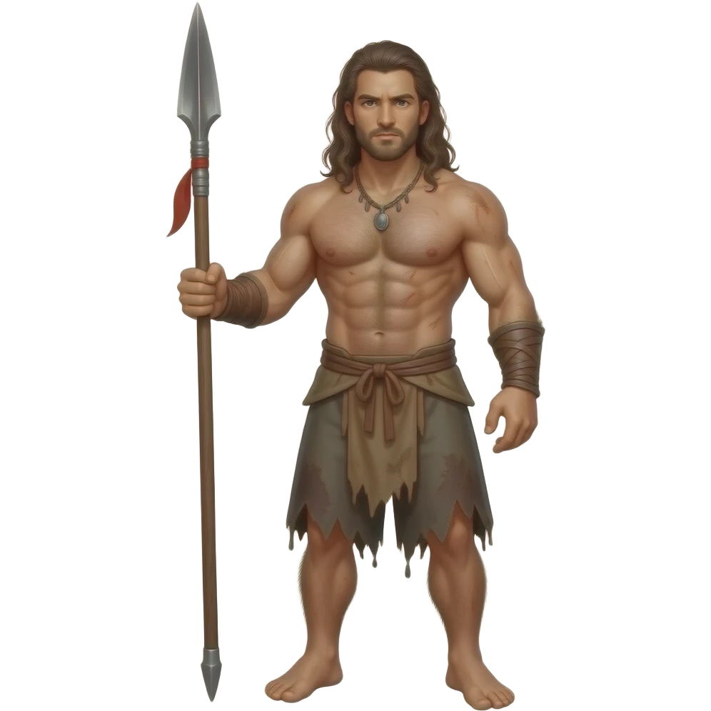 Erstelle ein Portrait von einem nackten, sexy und behaarten, wilden Mann  mit ländenshorts und einem Speer in der Hand  …seine Haut  ist dreckig und verschwitzt emoji