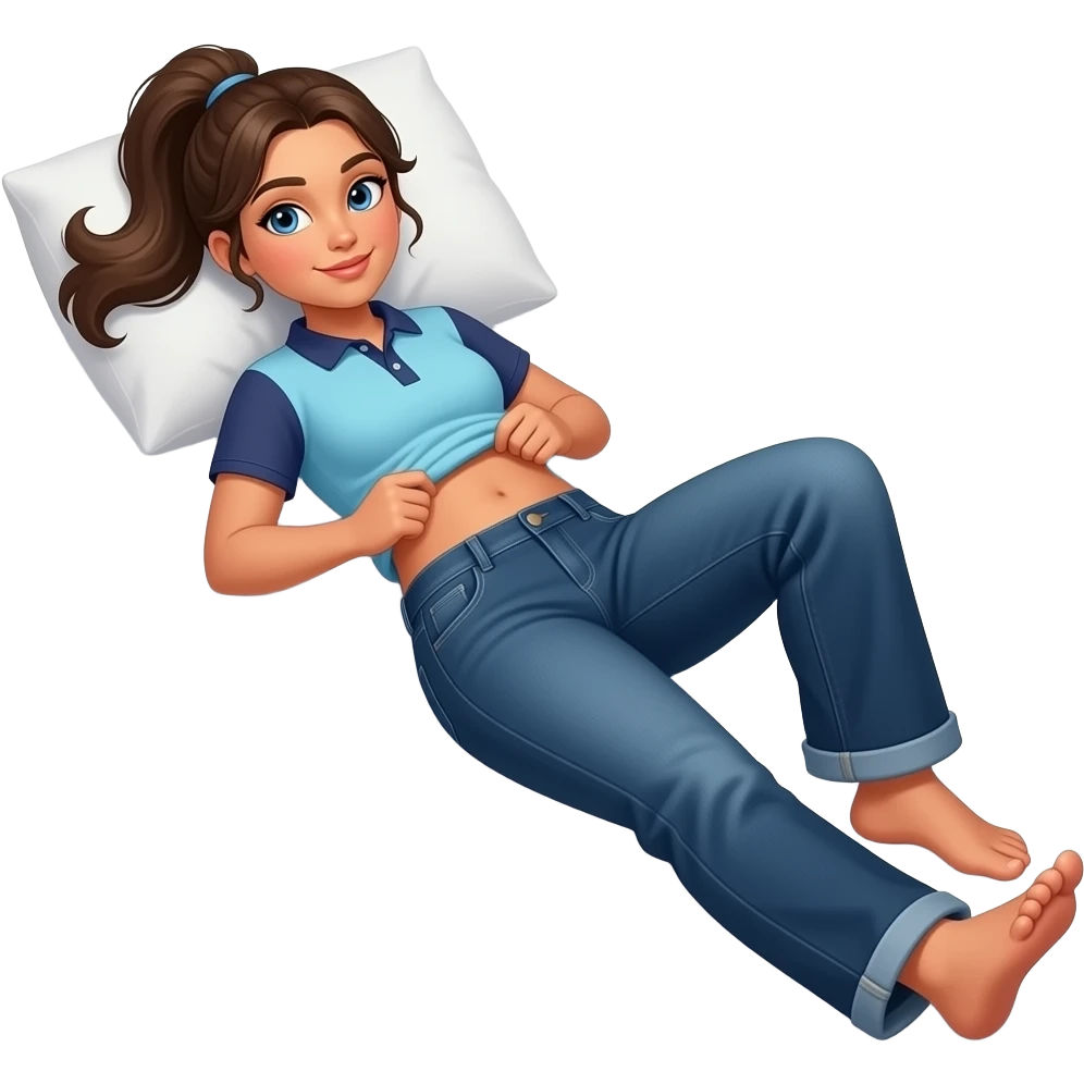 Hispanic girl with brown ponytail and blue eyes light blue and dark blue polo and dark blue baggy jeans and belly button laying down on her pillow on her bed showing her feet lifting her shirt showing belly rolls emoji