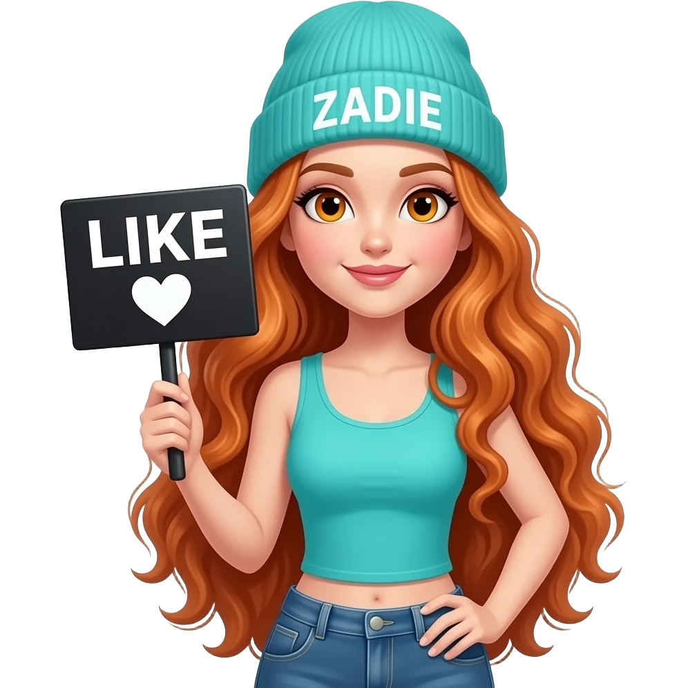 sexy girl with overlong wavy ginger hair and ginger eyes wearing a turquoise tanktop and a turquoise beanie with ZADIE written on it, is holding a black sign with LIKE 🤍 written on it emoji
