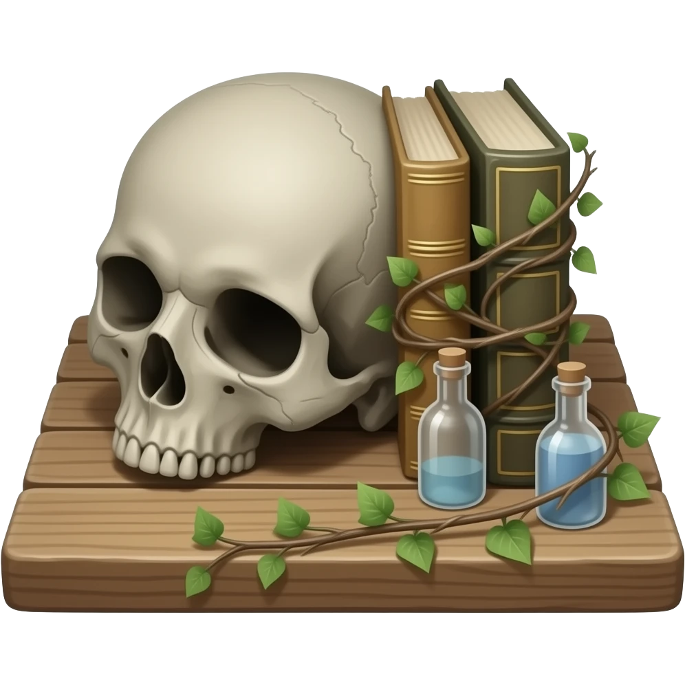 realistic cinematic - Joel Peter Witkin style - still life arranged on a wooden board, includes a corpse's head, tiny dusty bottles, old battered books, some wrapped ivy emoji