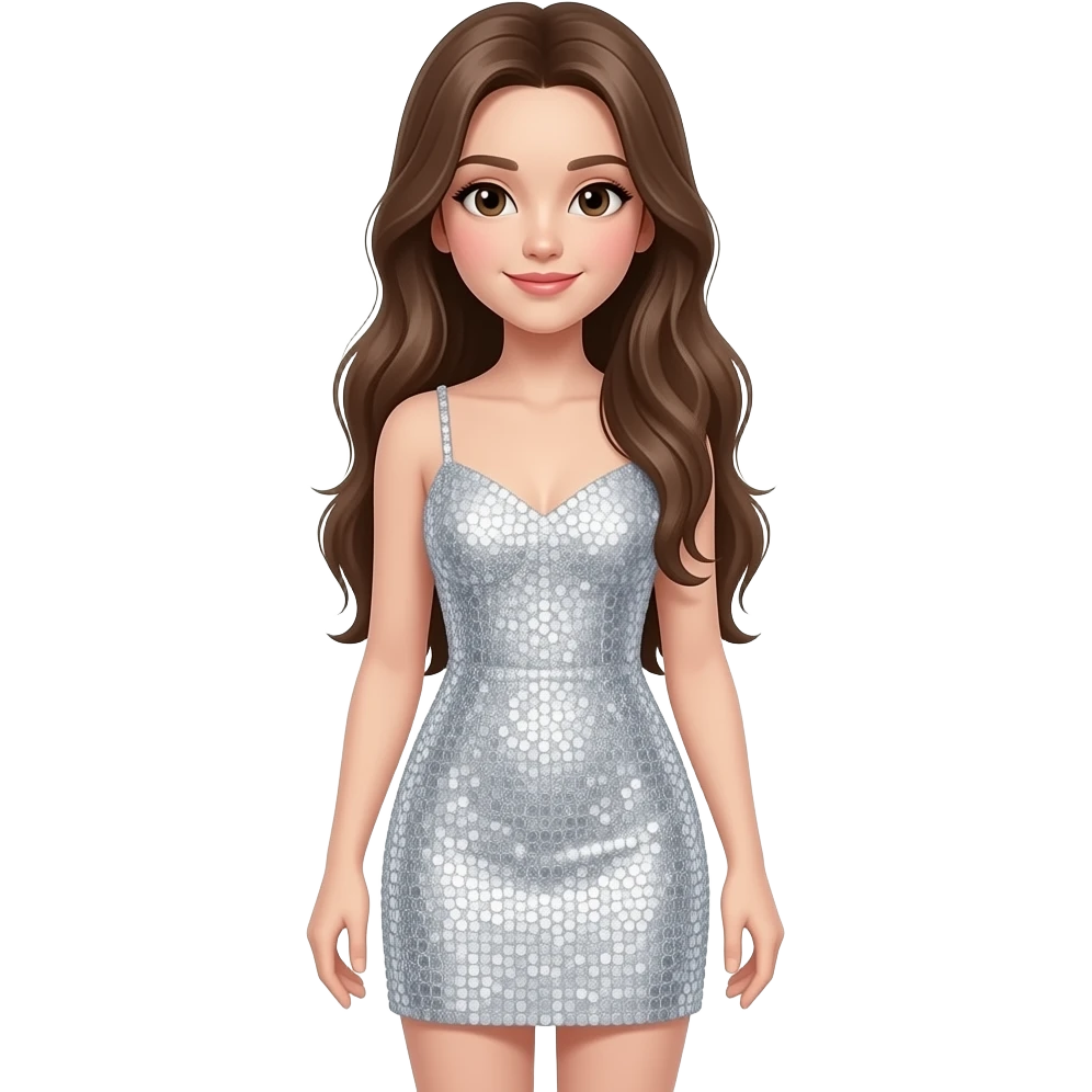 Niña con vestido de brillos pero cuerpo completo brillos plateados cabello más largo emoji