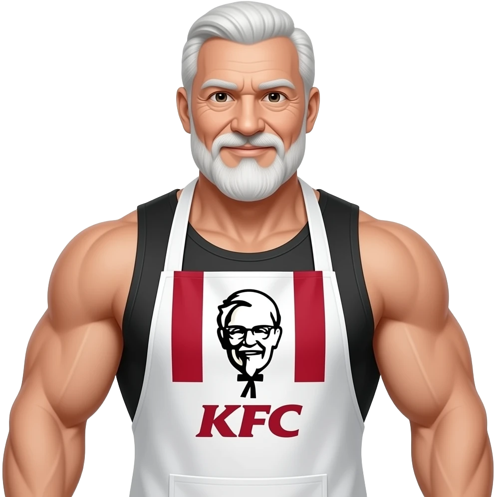 A medium shot captures a powerfully built white old man with a muscular physique, he wears a kfc apron emoji