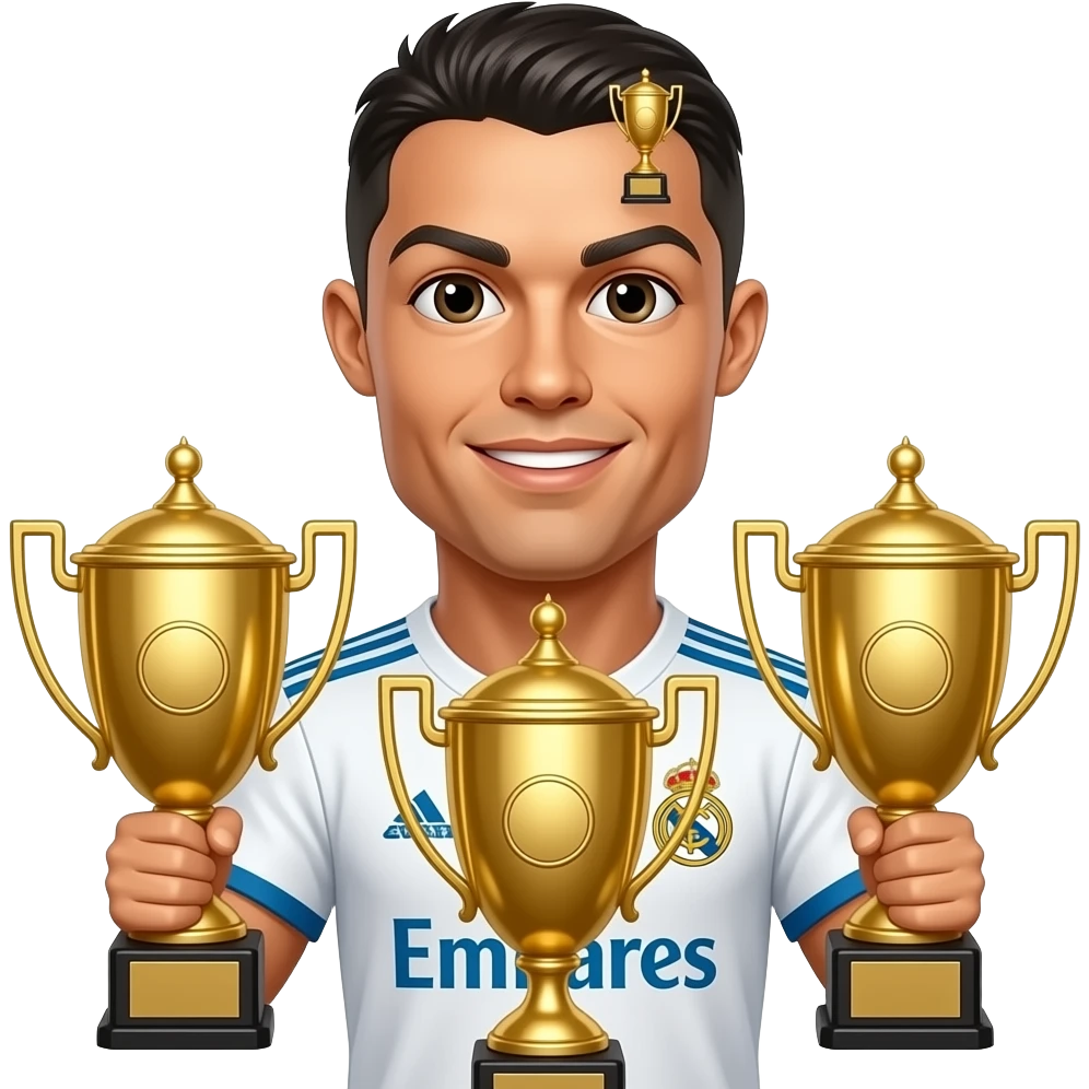 Cristiano Ronaldo emoji avatar, Real Madrid jersey, cute cartoon style. Three identical golden trophies: one big in the center and two tiny near the forehead. emoji