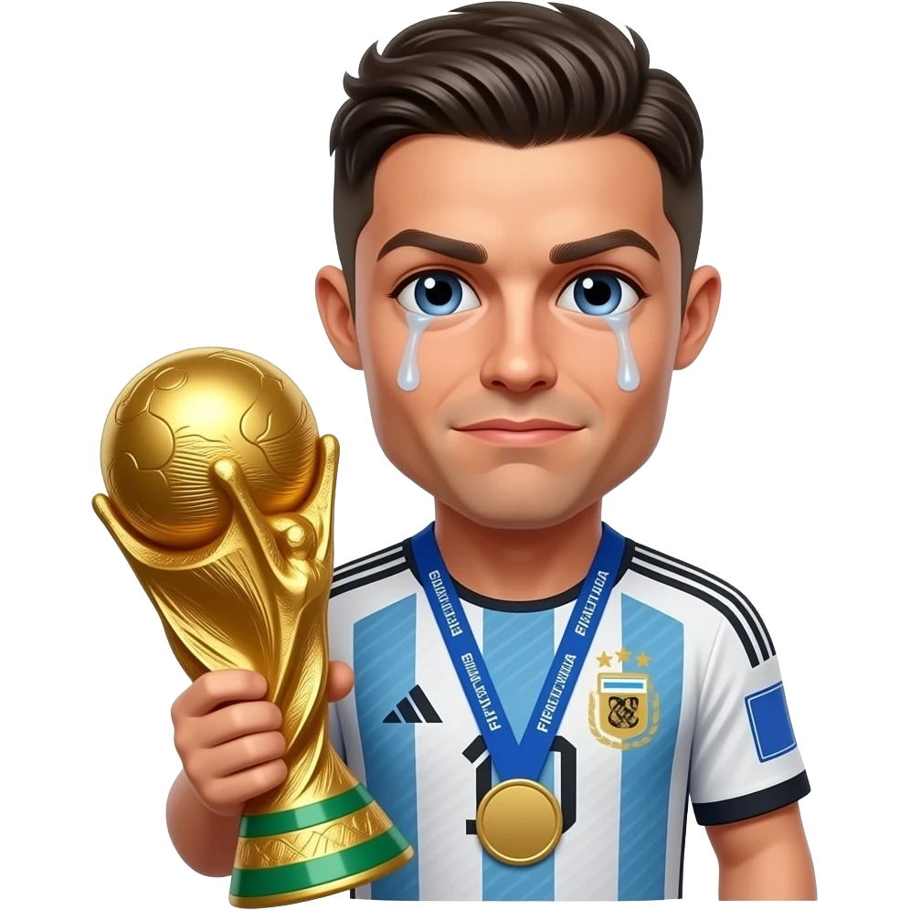 Cristiano Ronaldo crying while holding the FIFA World Cup trophy, cinematic lighting, ultra realistic, emotional moment, stadium background at night, golden glow on trophy, confetti falling, highly detailed, 4k, dramatic sports photography style emoji