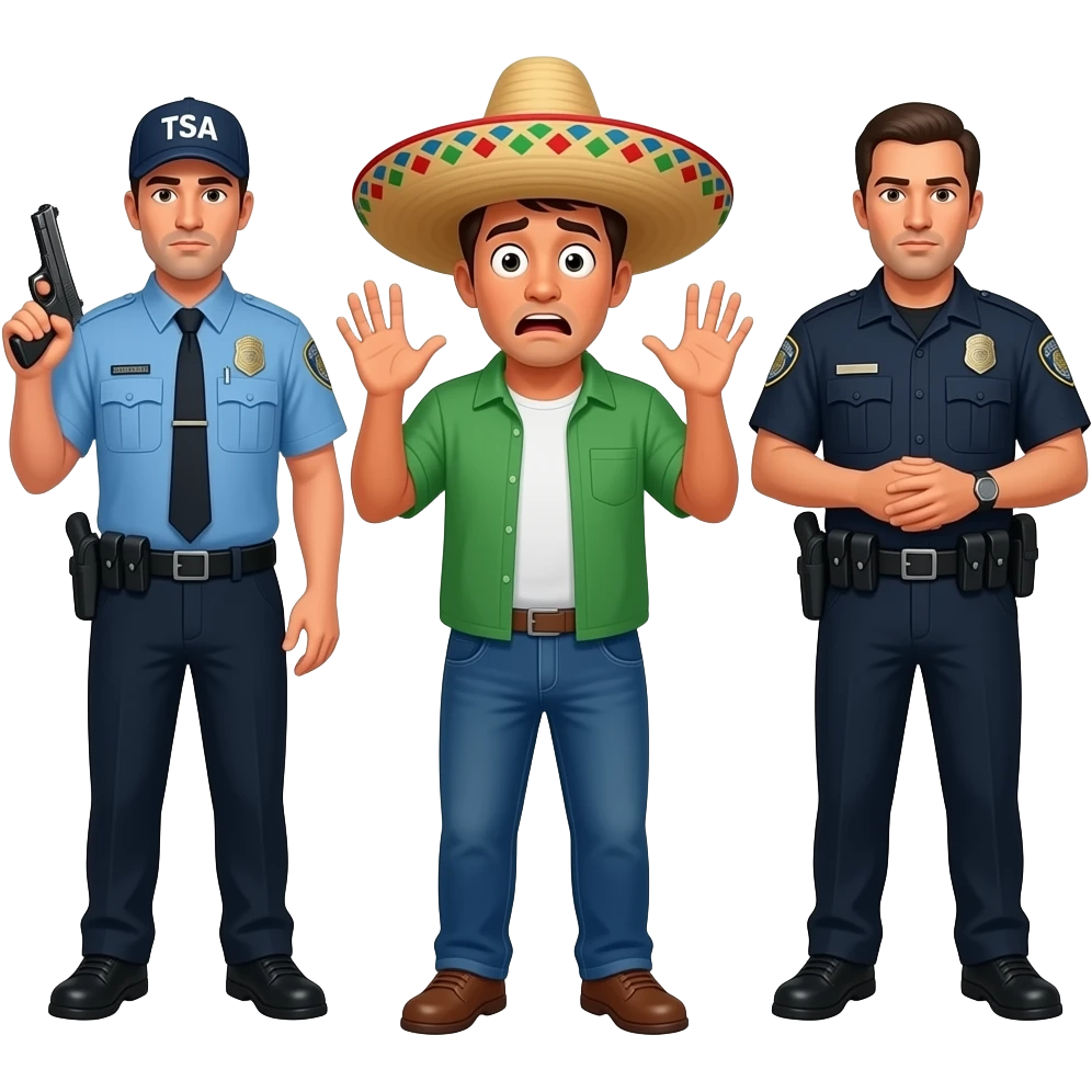 Hands up dont shoot scared mexican in a sombrero add a TSA agent with a gun add an ice agent too emoji