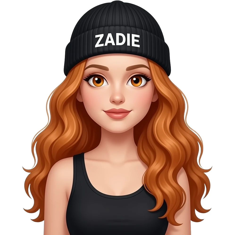 sexy girl with overlong wavy ginger hair and ginger eyes wearing a black tanktop and a black beanie with ZADIE written on it, is holding a black sign with 🆗 on it emoji