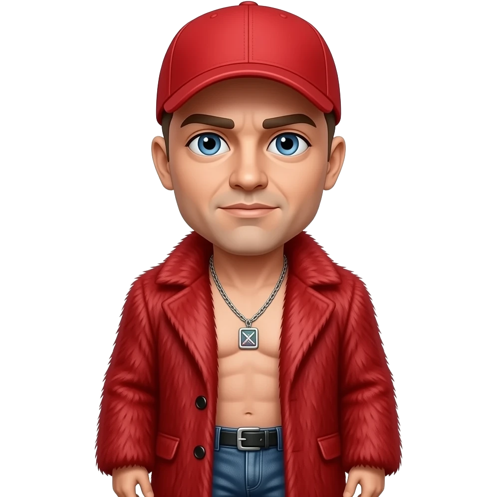 Fred Durst with blue eyes, light brown buzz cut hair, red cap, red fur coat, indigo metallic baggy pants, shirtless with necklace emoji
