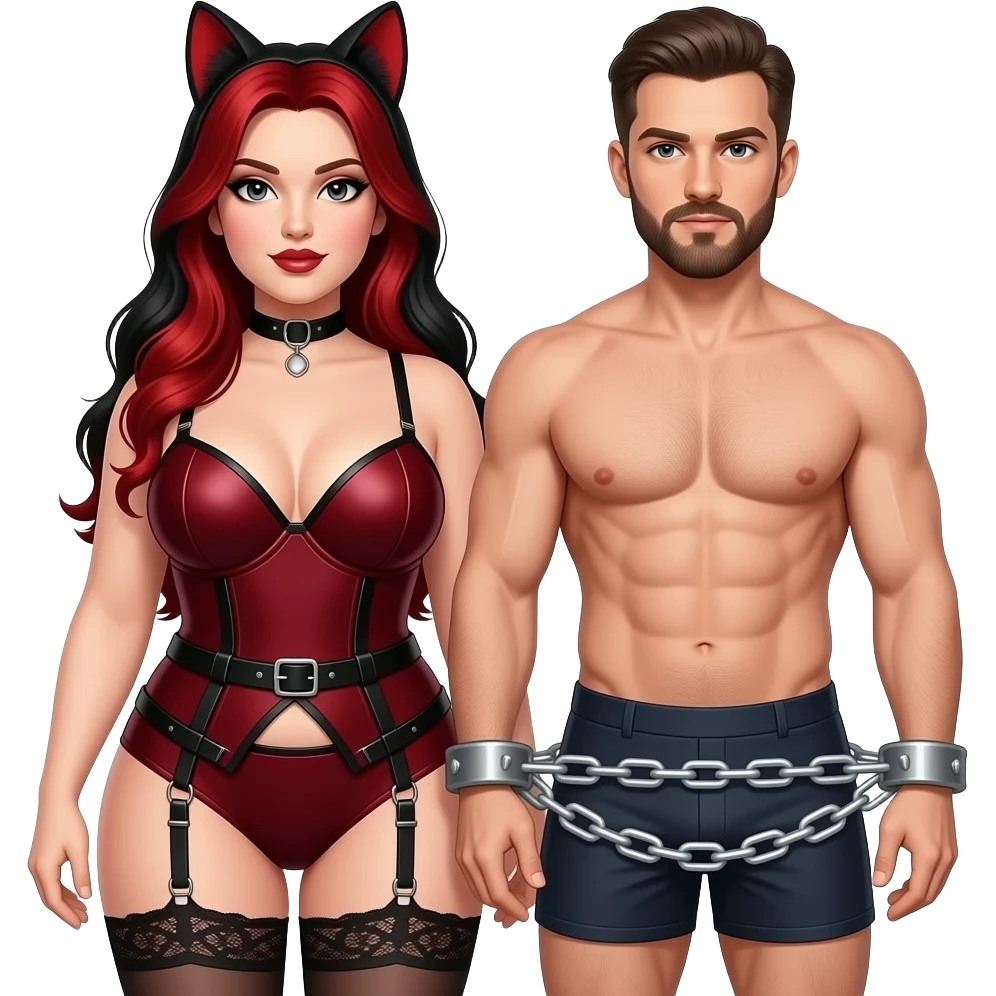 Dominatrix wearing a darkred bdsm style harness lingerie. White skin, chubby, dark Make the girl have long red and black hair and male partner in boxers getting chained up with goatee facial hair emoji