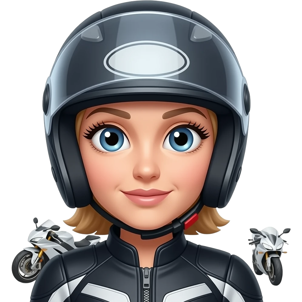 mulher com um capacete de mota que SÓ se ve os seus olhos porem aberto e que se veja os cílios bem grandes e a mota ao lado da mulher e a mesma com roupa de motoqueira com os olhos mais relaxados emoji