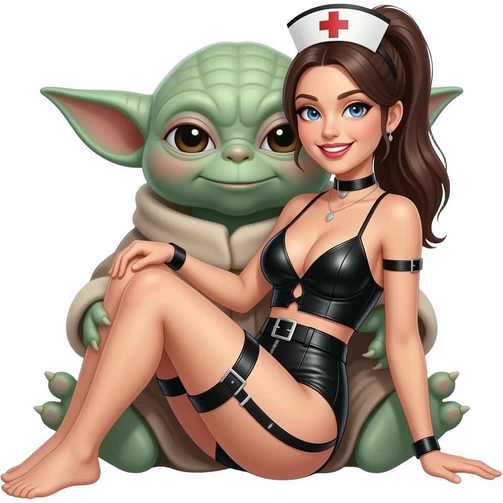 Pony tailed nurse with DD breasts, wearing string bikini, , in black leather 2 piece skimpy outfit, smiling with garter belt  and sitting on Yodas lap emoji