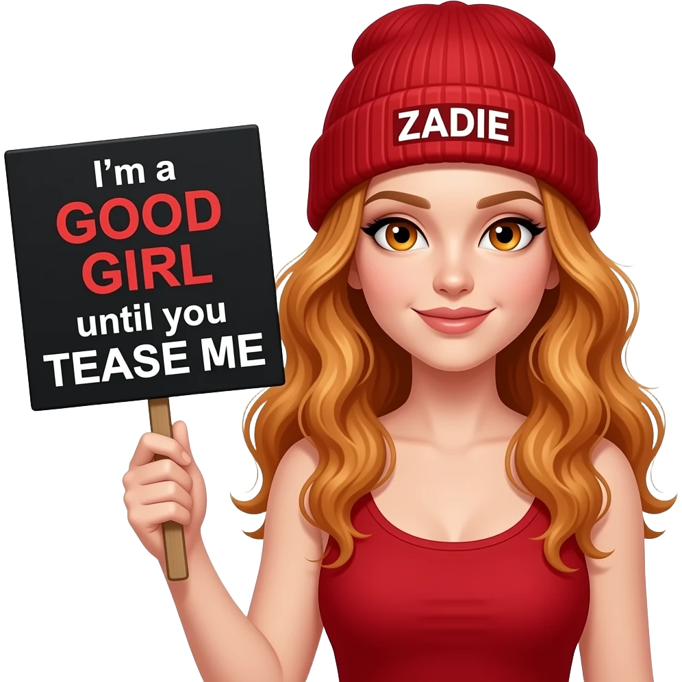 sexy girl with overlong wavy ginger hair and ginger eyes wearing a red tanktop and a red beanie with ZADIE written on it, is holding a black sign with I'm a GOOD GIRL until you TEASE ME written on it emoji