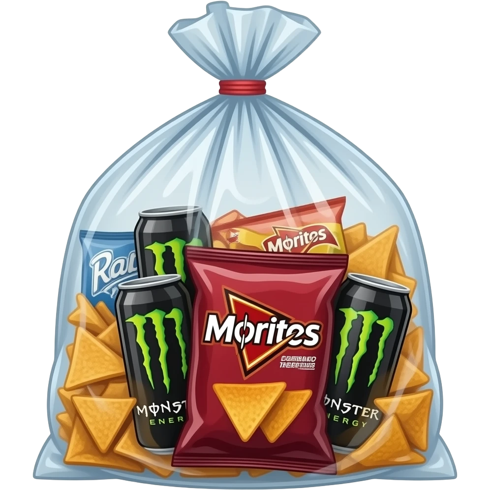 a bag full of doritos, monster energy drinks and other kinds of commercial snacks, apple emoji style emoji