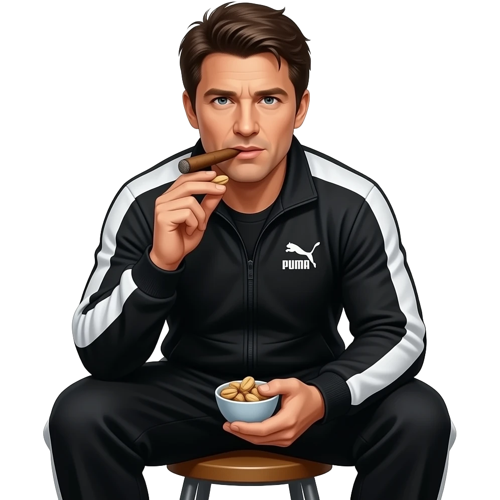 Том Круз сидит на табуретке в спортивном черном костюме puma и ест орешки с сигарой emoji