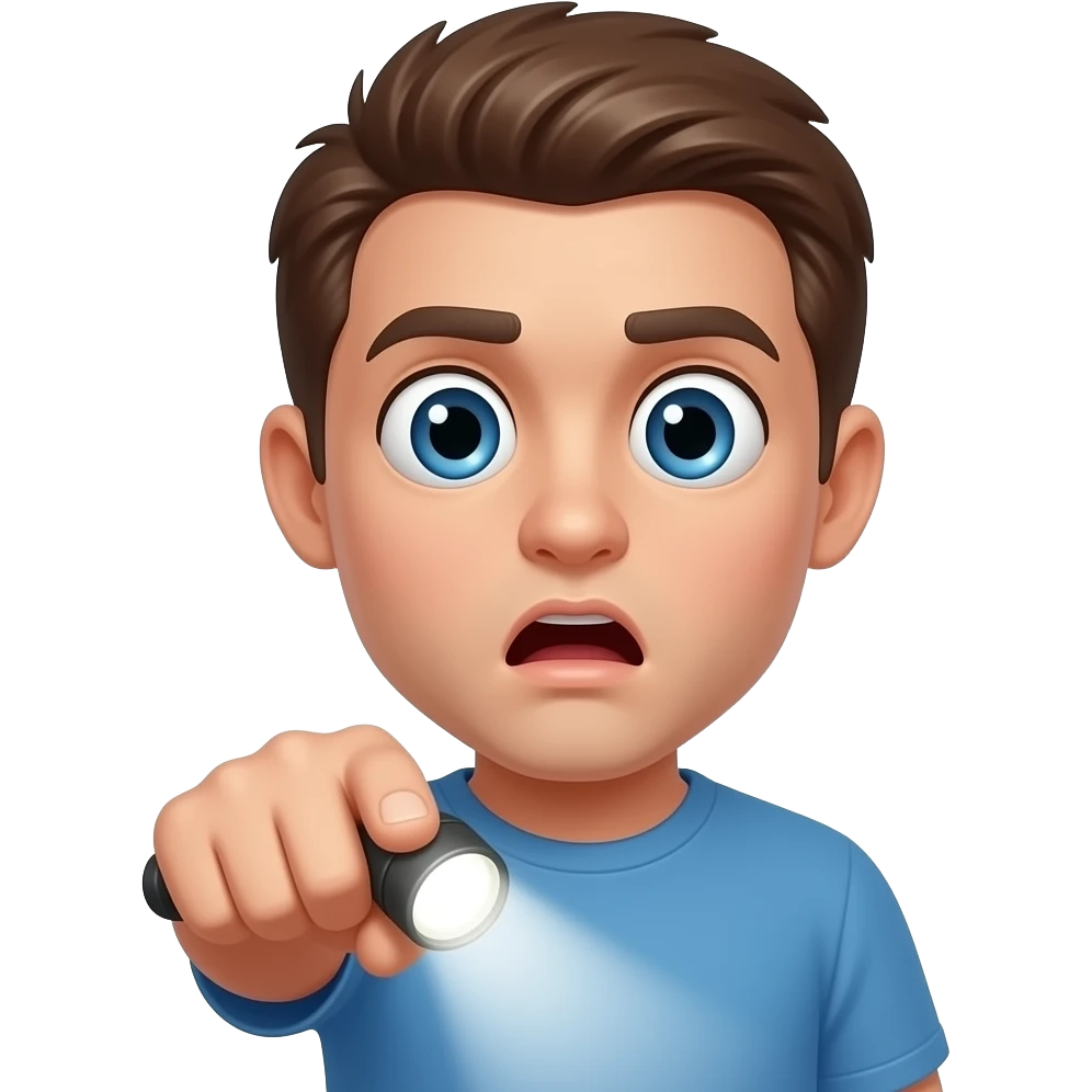 shocked emoji face holding a small flashlight pointed directly at the viewer, giant curious eyes, glossy emoji style emoji