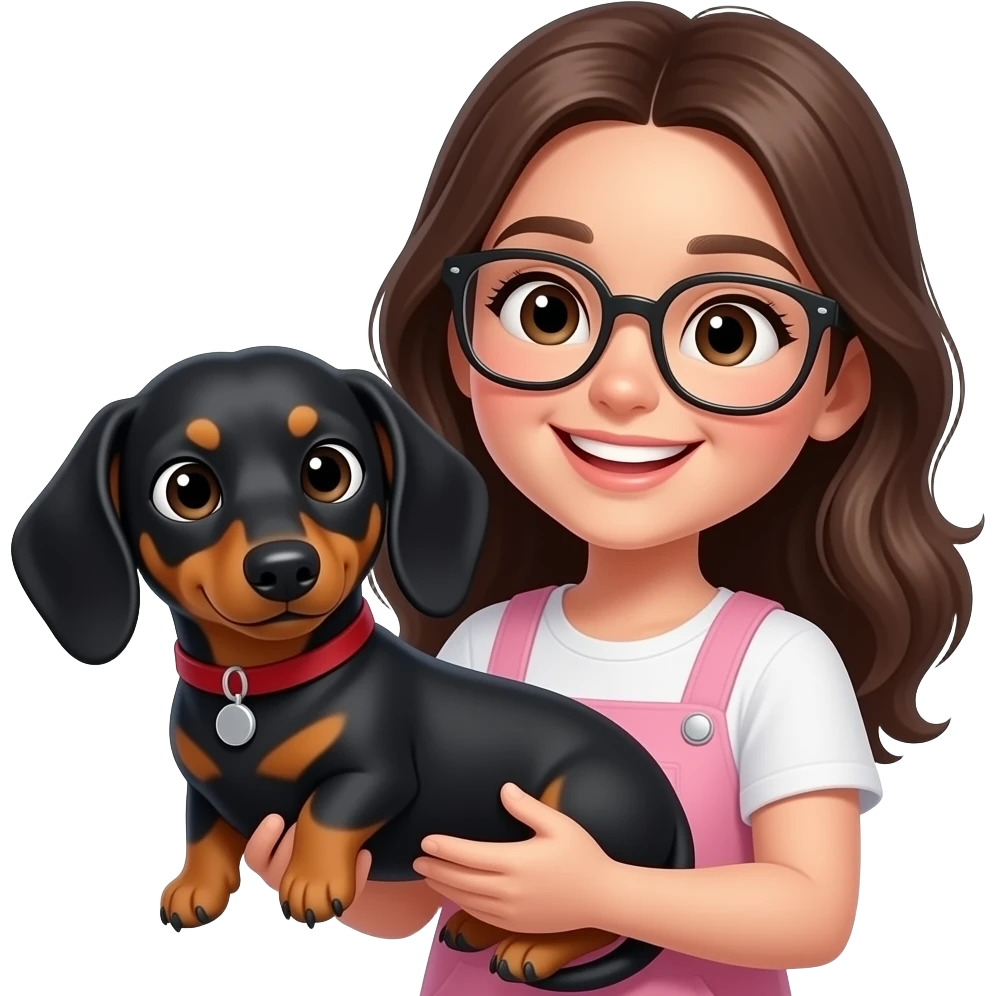 brunnete girl with big smile and glasses holding dachshund emoji