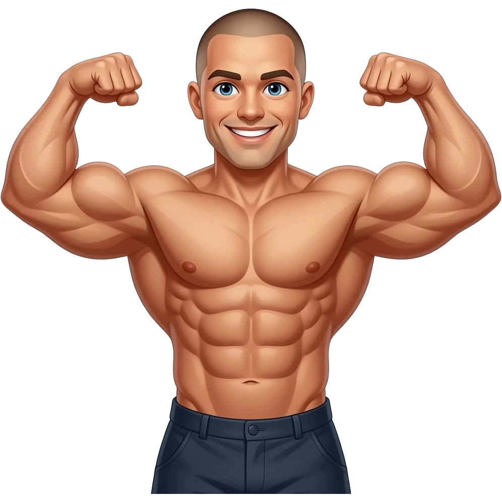 A sepia-toned, medium shot shows a muscular bodybuilder with a shaved head and a wide smile. He is flexin. His massive biceps and chest muscles are prominently displayed emoji