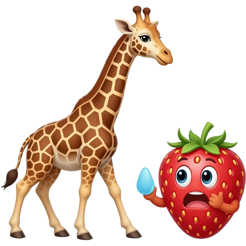 Giraffe walking to cartoon strawberry saying sorry emoji