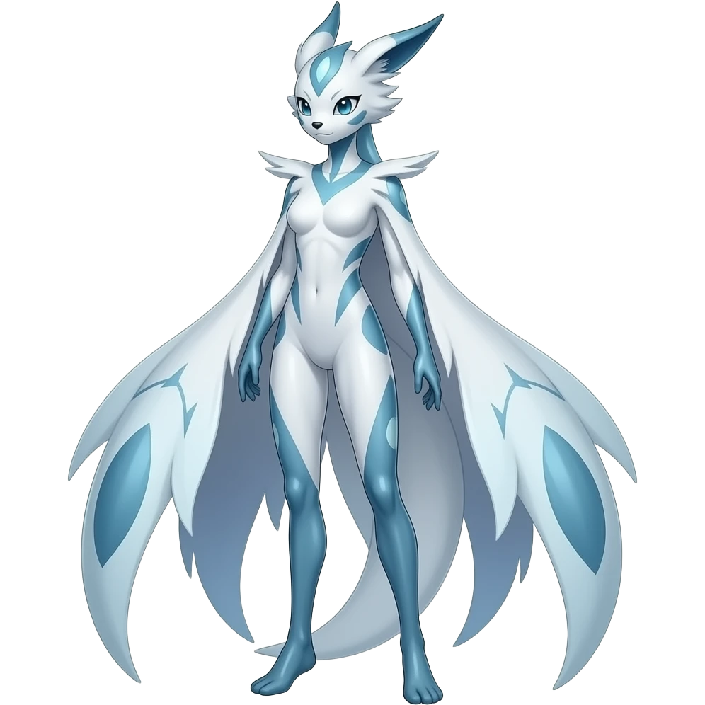 Slim thin lanky scrawny tall elegant oriental feral painted Asian Absol-Glaceon-Sylveon-fusion-hybrid-creature emoji