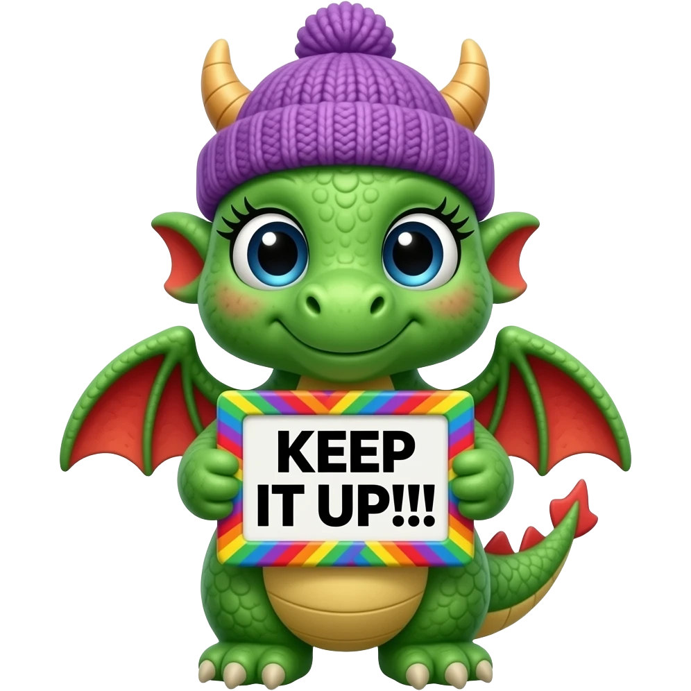 Create a super cute stuffed Animal which Looks Like a Dragon green and red gradient  facing front with big eyes and long eyelashes and with a purple winter hat holding a colorful multicolor zig zag frame sign with in front of its chest that says in a funny big black font "KEEP IT UP!!!" emoji