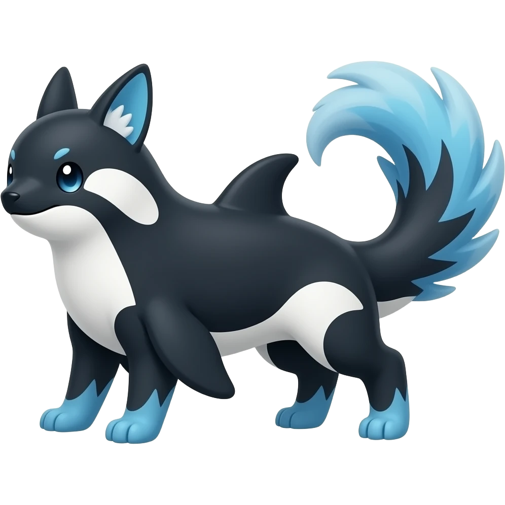Bluish blackish whitish greyish gradients Absol-Amaura-Aurorus-Vulpix-hybrid with orca tail emoji