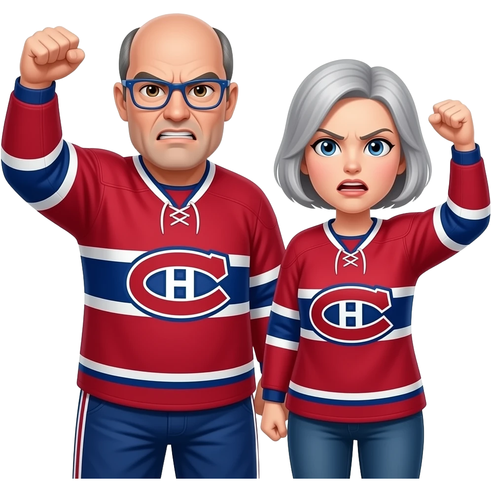 Extremely Angry 50 year old 170 lbs man, completely Bald, no hair, brown eyes, wearing blue glasses and montreal canadiens jersey with short light gray haired woman wearing the same both have their arms raised in anger emoji