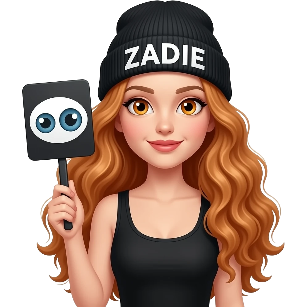 sexy girl with overlong wavy ginger hair and ginger eyes wearing a black tanktop and a black beanie with ZADIE written on it, is holding a black sign with 👀 on it emoji