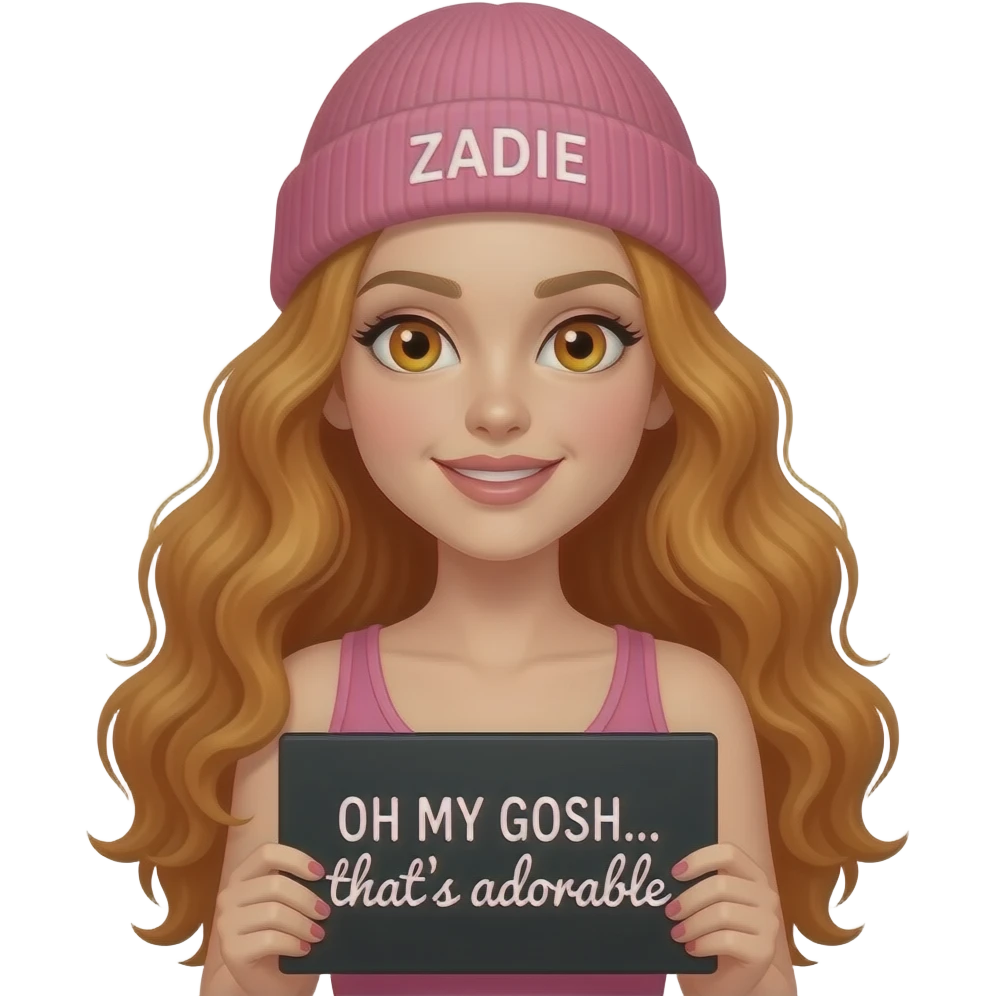 sexy girl with overlong wavy ginger hair and ginger eyes wearing a pink tanktop and a pink beanie with ZADIE written on it, is holding a black sign with OH MY GOSH... that's adorable written on it emoji