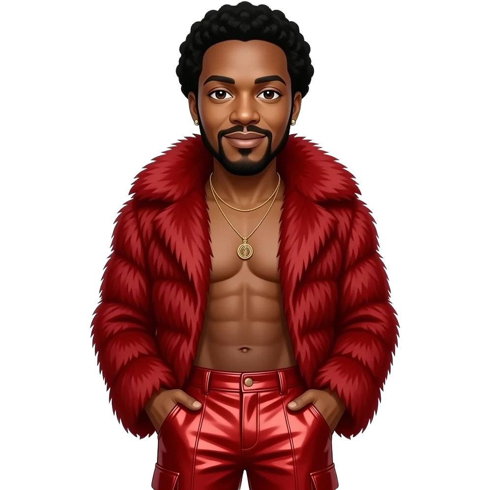 Marvin Gaye with brown eyes, black hair, crimson fur shawl, crimson metallic baggy pants, shirtless with necklace and earrings emoji