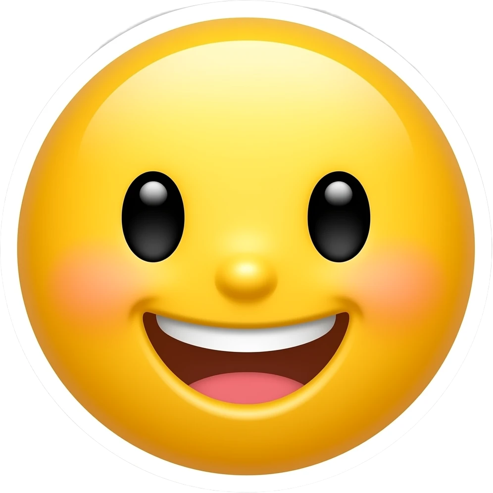 Cute smiling emoji sticker, glossy 3D style, vibrant yellow face, transparent background, Adobe Stock trending design emoji