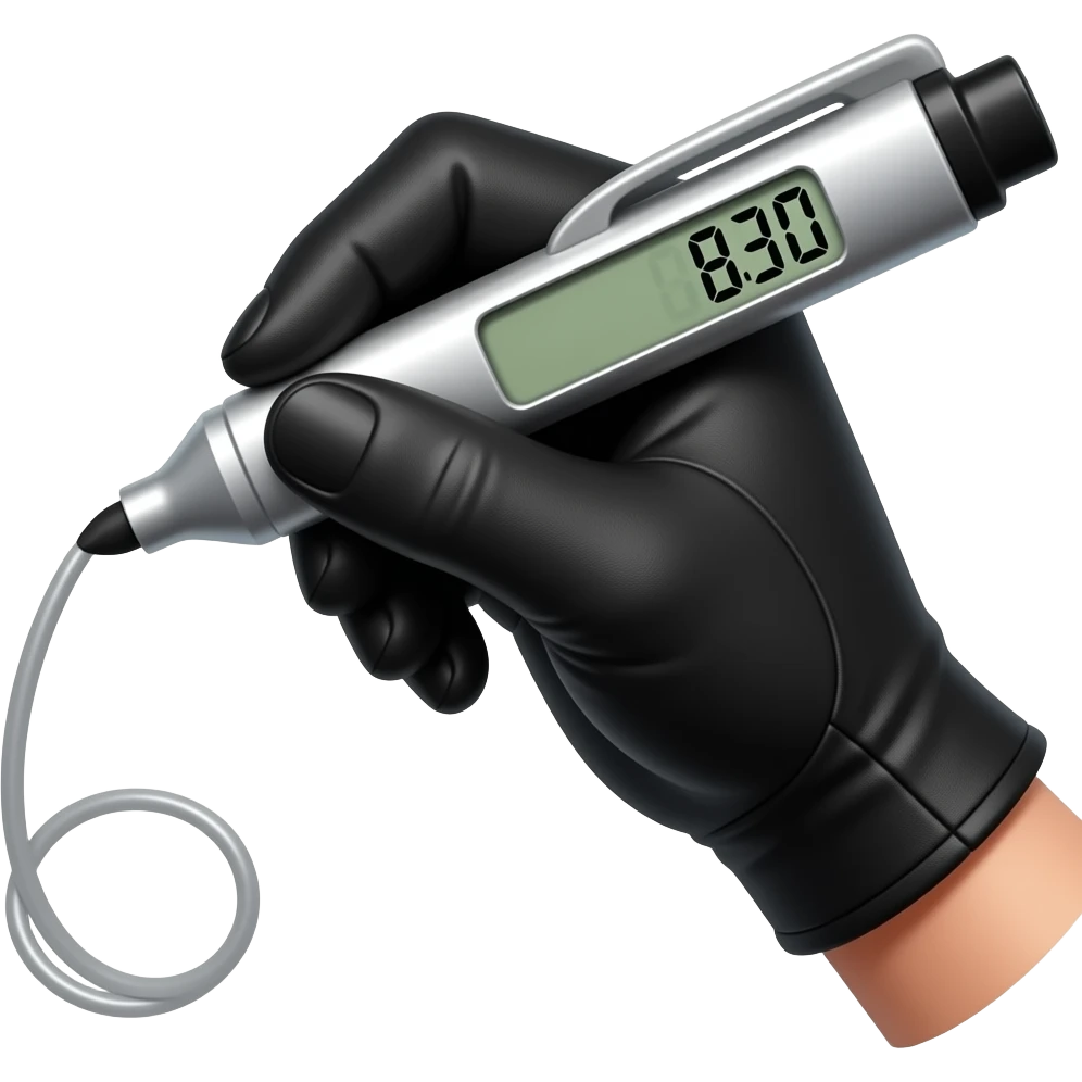 female hand in black simple glove writing with big bold metallic marker, small display timer on the marker emoji