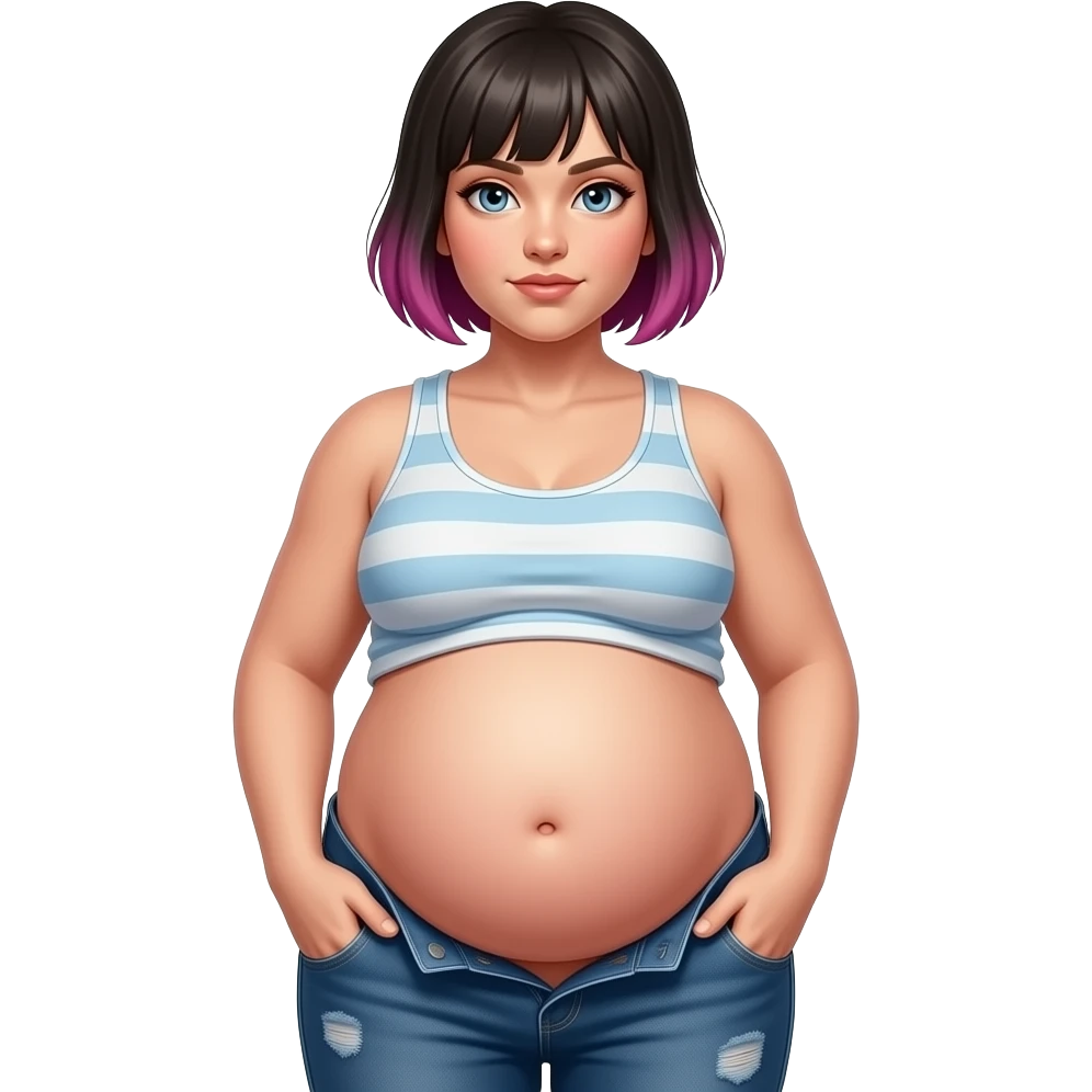 A girl with a semi pixie emo hairstyle,wears a crop top and a unbuttoned pants,stocky robust build,she always looks constantly well fed & pregnant like,her tummy is big & round,heavy in the belly,she is stuffed silly,her bellybutton is deep hollow innie like a tiny void. emoji