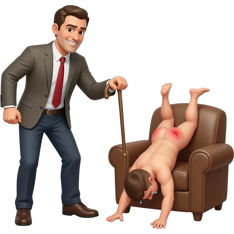A cruelly smiling clothed man with a thin cane beating the bottom of a small, crying, naked man bending over the back of a brown armchair, with his legs kicking in the air, his head down on the floor, buttocks up high and his red buttocks very bruised, and emoji