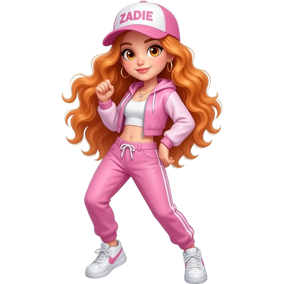 sexy girl with long wavy ginger hair and ginger eyes is wearing a pink hip hop outfit and a cap with ZADIE written on it, is dancing, the full body is to seen emoji