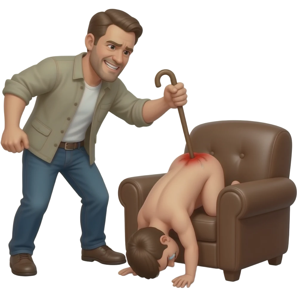 A cruelly smiling clothed man with a thin cane savagely beating the bottom of a small, crying, naked man bending over the back of a brown armchair, his head down on the floor, buttocks up high and his red buttocks very bruised, and emoji