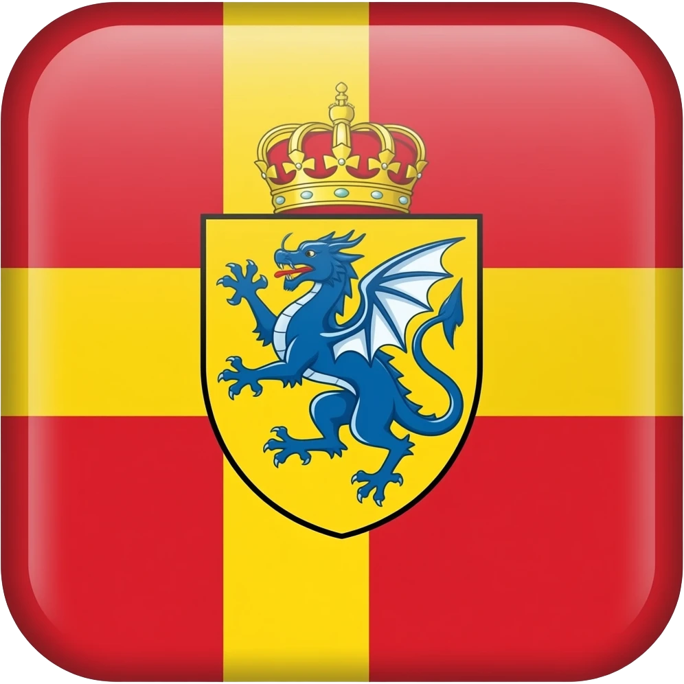 Emoji of Jacobland flag Nordic cross yellow red background where cross meets add shield yellow same color as cross and inside blue dragon red crown on top onto color emoji emoji