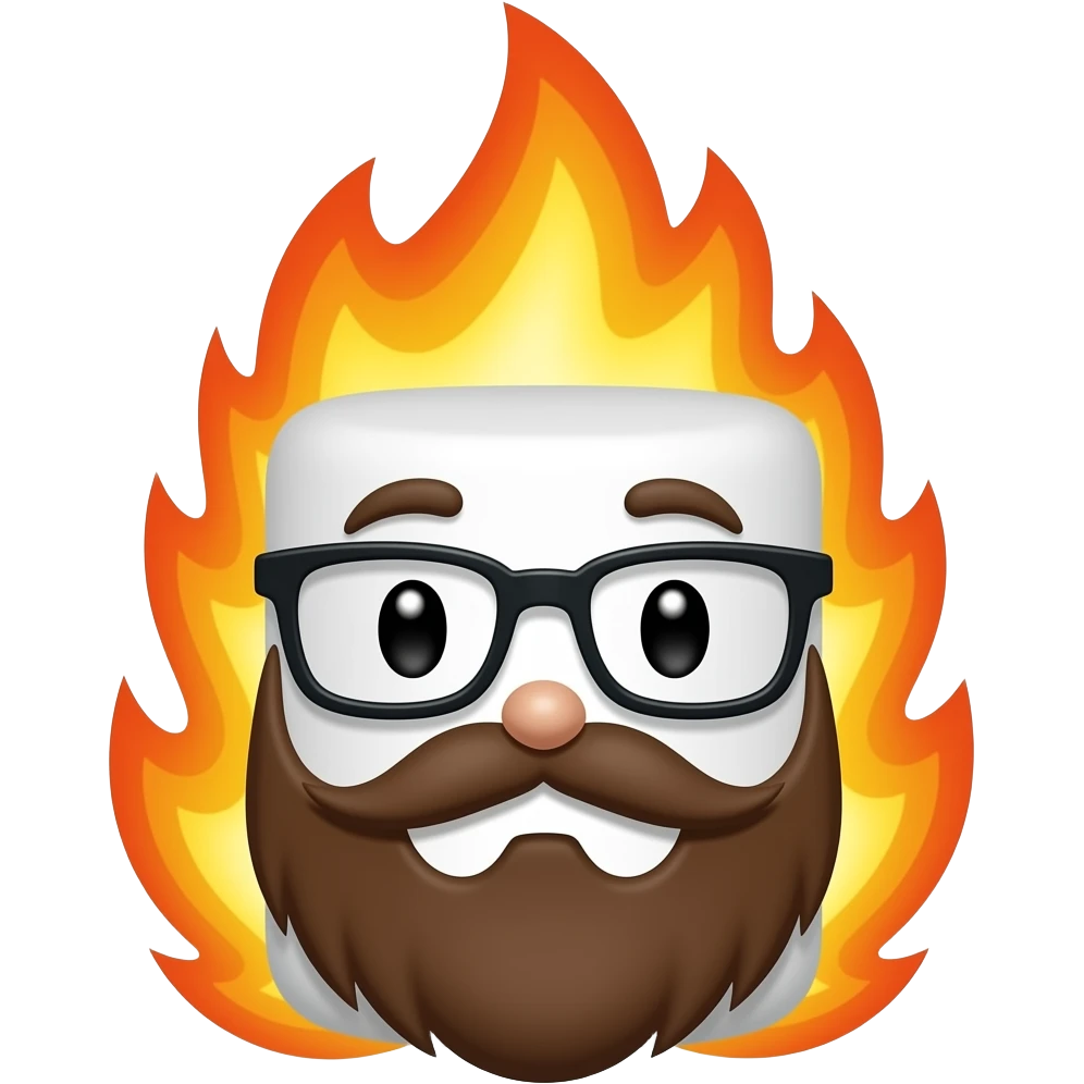 marshmallow on fire with brown beard and glasses, just marshmallow emoji