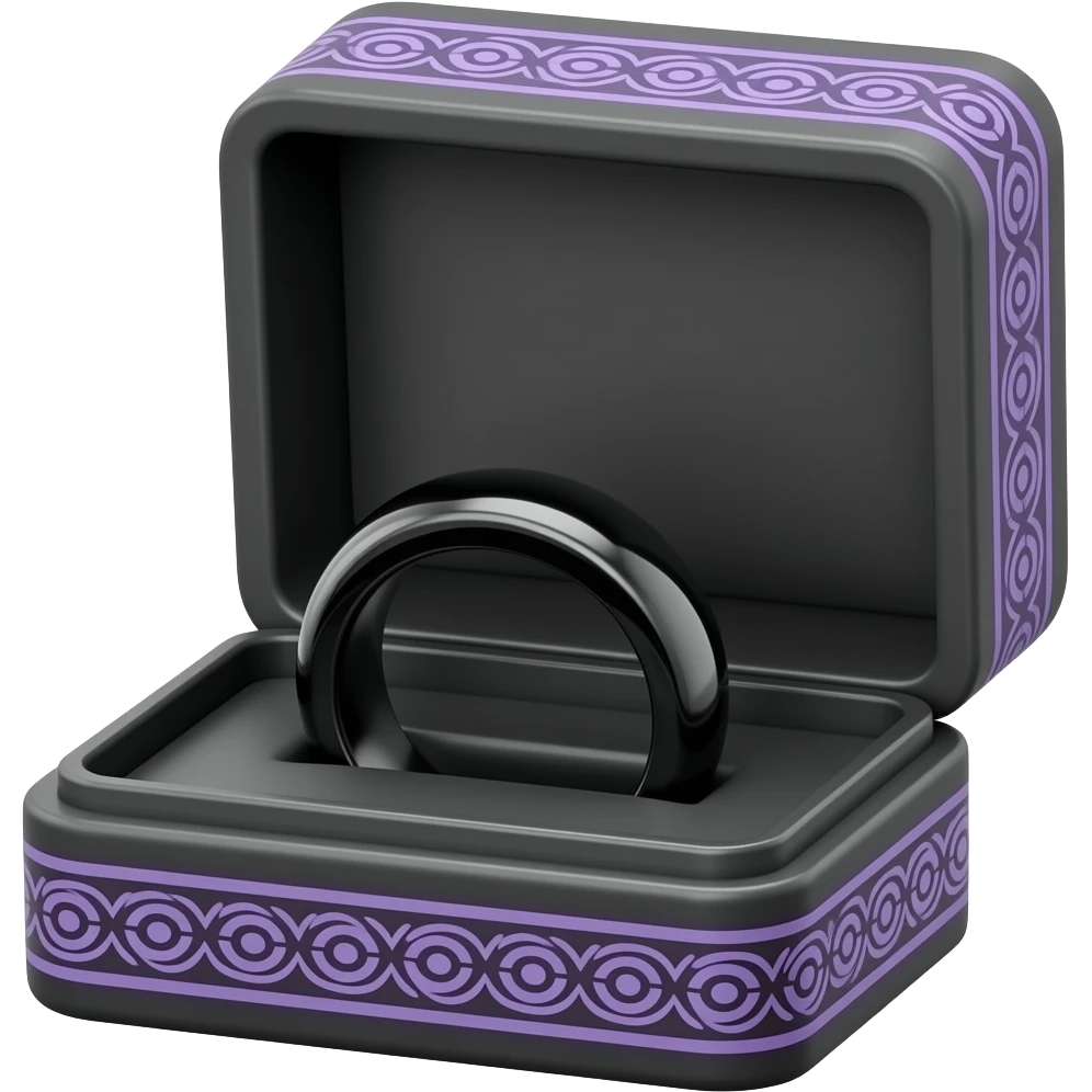 Obsidian ring in a black box with purple ornate trim emoji