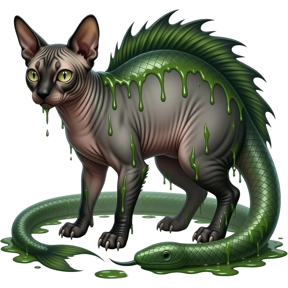 Realistic cool badass swampy greenish dark edgy spooky Flurry furry scary slimy oily glossy wet gloomy dusky scaly sergal-serval-possum-sphynx-Koi-sergal-fusion-animal-hybrid-creature with a snake-tail emoji