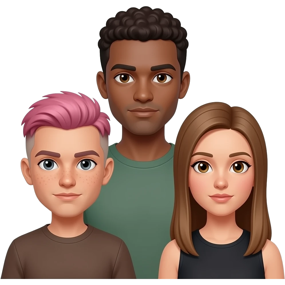 three people: short nonbinary person with short pink hair, brown eyebrows, and a brown undercut with pale skin, gray eyes and freckles, a tall tan man with dark brown eyes + very short curly hair, and a medium height woman with light tan skin, light brown straight long hair, and brown eyes emoji