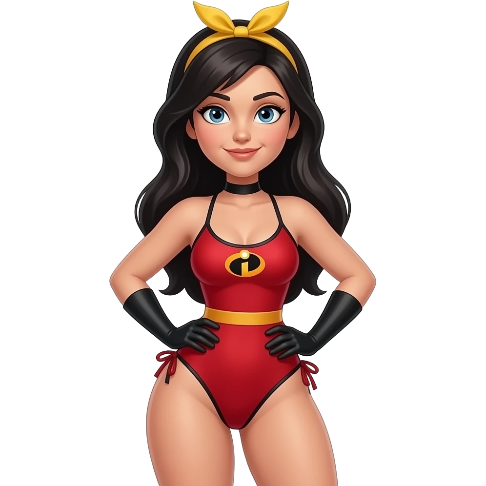 Violet Parr in a red Incredibles 2 piece bathing suit, long black hair, yellow head band, sexy, curvy body. emoji