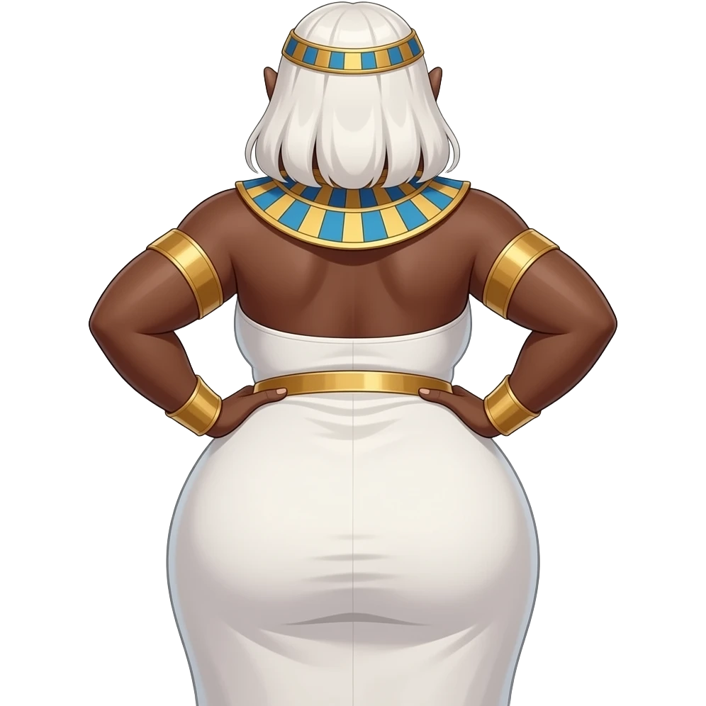 African Anime extremely fat big booty a white hair female creature cosplaying Egyptian girl showing back her buttocks with putting her hands on her hips with her white dress emoji