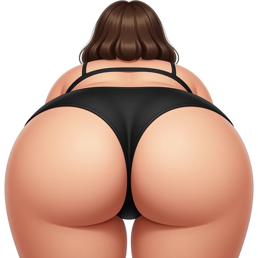 tanned fat chubby woman with butt facing viewer wearing black thong bent over emoji
