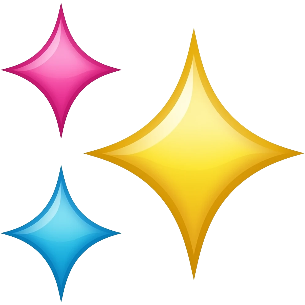 three sparkles yellow(central right) pink(top left) blue(bottom left) emoji