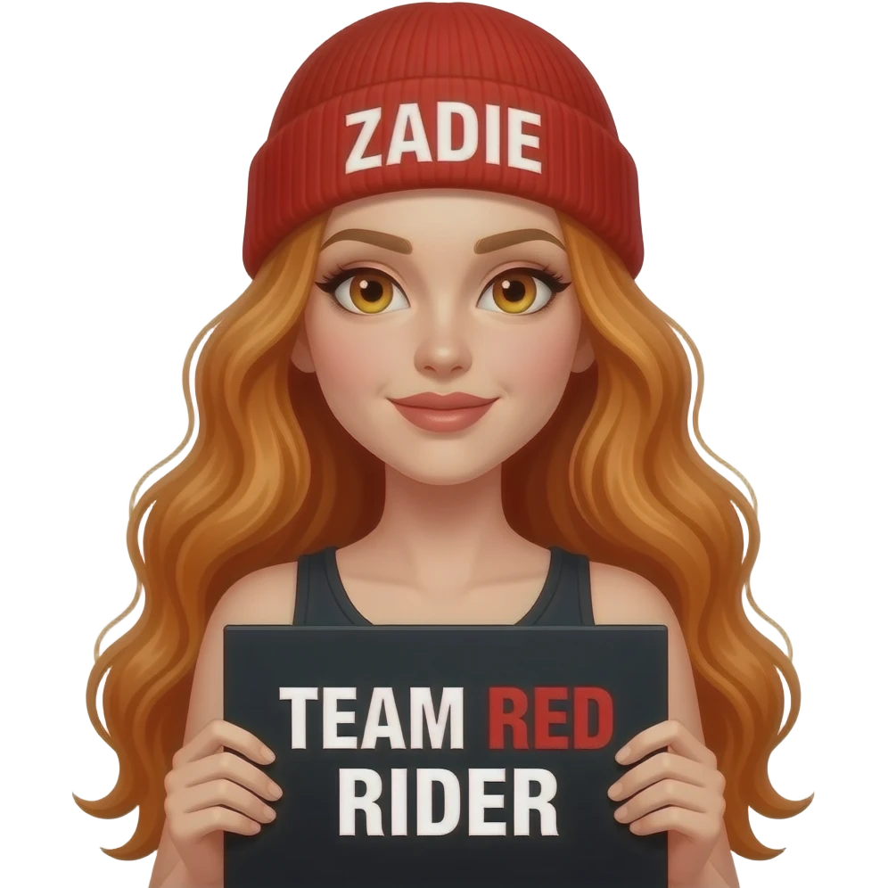 sexy girl with overlong wavy ginger hair and ginger eyes wearing a german tanktop and a red beanie with ZADIE written on it is holding a black sign with just TEAM RED RIDER on it emoji